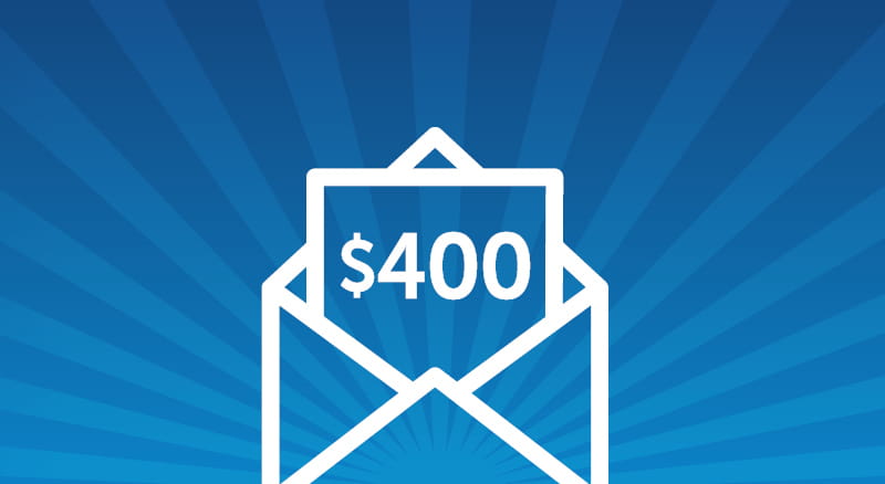 Envelope with a $400 piece of paper coming out.