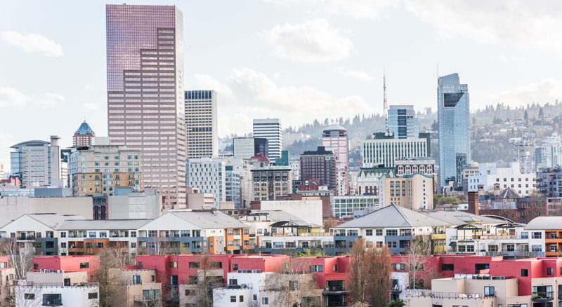 Skyline photo of buildings in downtown Portland, Oregon