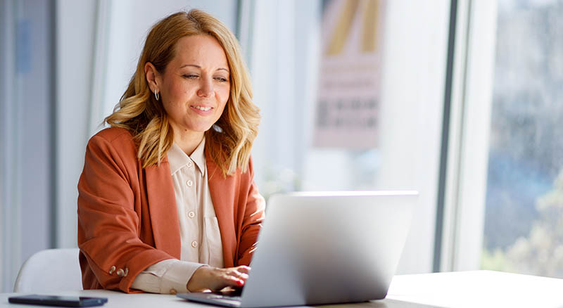 Person looking at laptop in office
