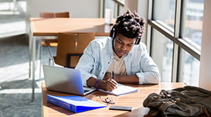 Student studying in library