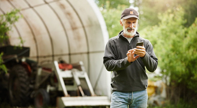Farmer uses smartphone