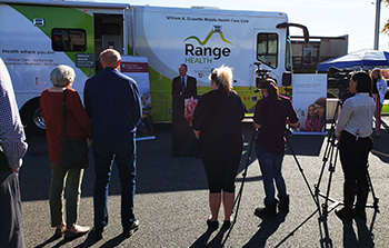 Central Washington Commercial Division Director Tony Klein speaks to the public and media introducing representatives of WSU College of Medicine and Range Health during a news conference at Banner Bank’s Richland, Washington, branch.