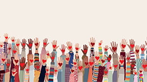Hands raised with hearts illustration