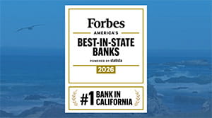 Forbes America's Best in State Banks 2026 #1 in California logo over blue landscape