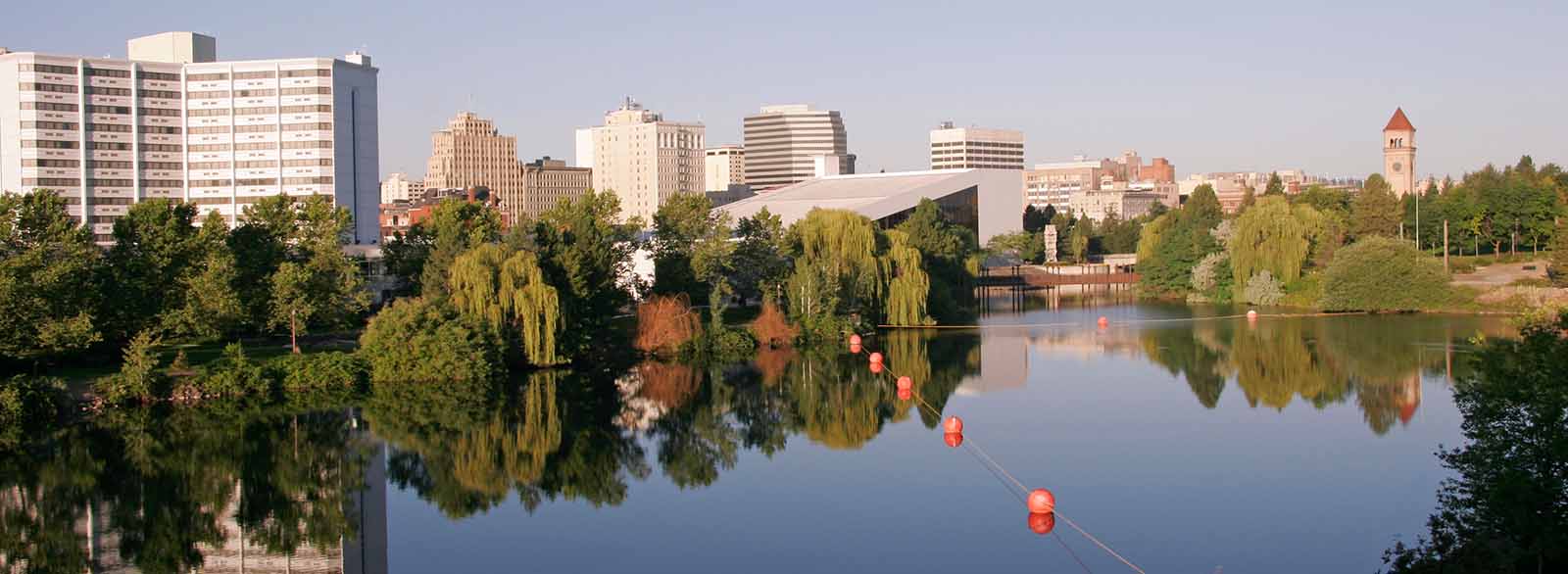 Spokane buildings and riverfront landscape