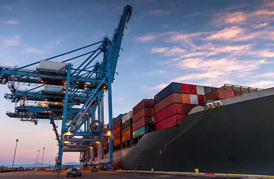 Cargo ship with containers and cranes at port