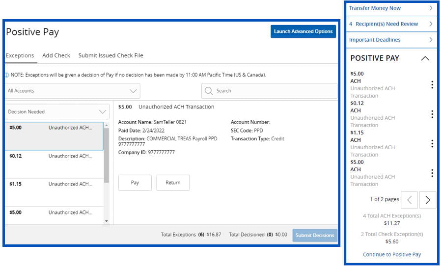 Example of the new Positive Pay integrated workflow and widget screens