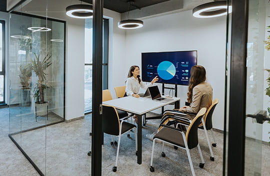 Colleagues discussing presentation in office space