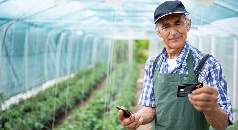 Person holding card in a greenhouse with plants in background