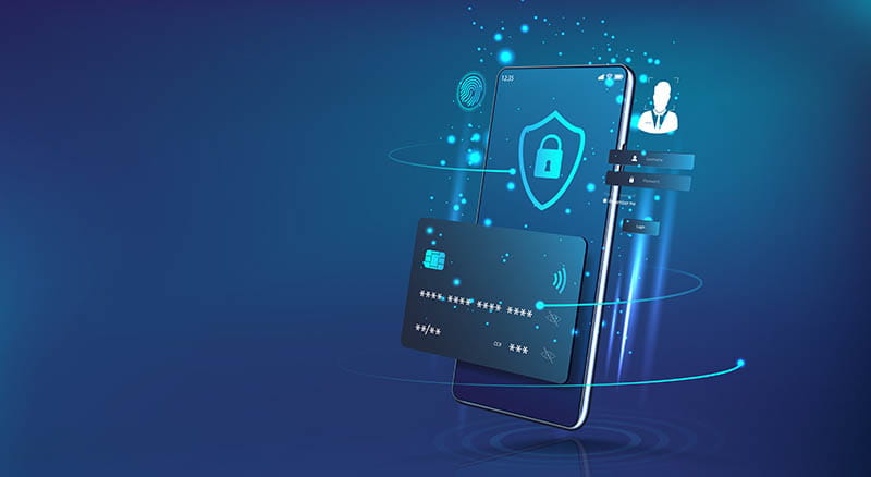 Illustration of credit card and phone with secure icons