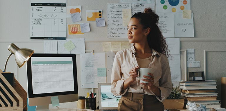 Business owner with a cup of coffee in office
