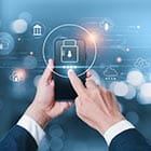 Person pointing at phone with secure lock icon