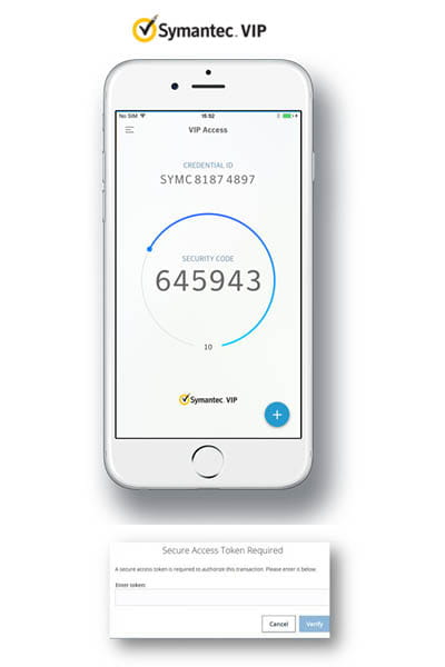 Symantec logo, phone with app and confirmation screen