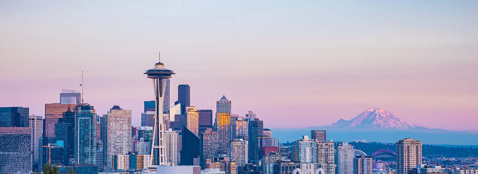 Seattle skyline and mountain at sunset