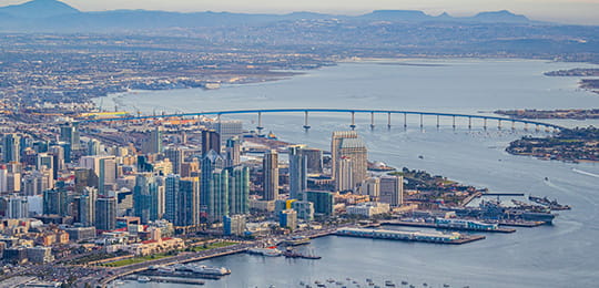 San Diego downtown buildings, bridge and water