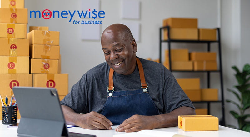 Person looking at tablet with boxes and moneywise logo