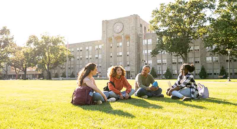 Students on campus lawn