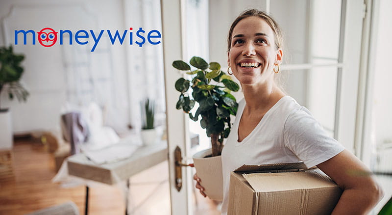 Woman carrying a box and a plant into a new space and MoneyWise logo