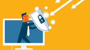 Illustration of a person using a shield to protect computer