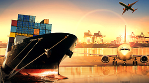 Container ship, a parked and flying jet airplane and shipping cranes with a sunset background