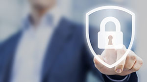 Man touching lock within a secure icon overlay