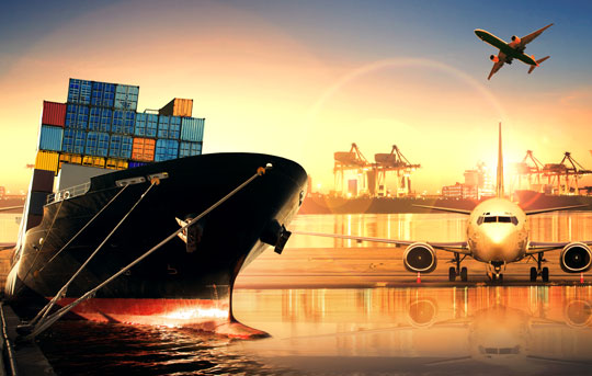 Collage of shipping container, airplane and shipyard help business import and export goods. Banner Bank's International Services team can help businesses with import and export financial services.