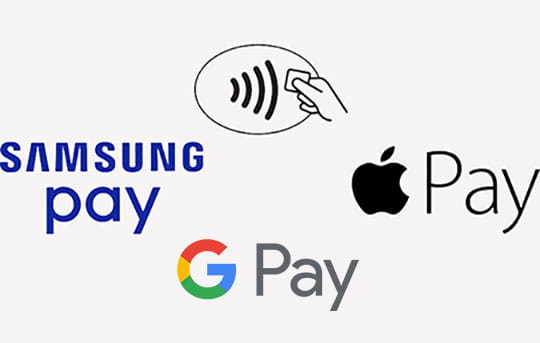 Apple, Google and Samsung Pay symbols indicate you can pay with your enrolled mobile device