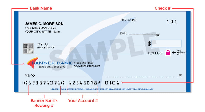 Example of a Banner Bank check with routing and account number