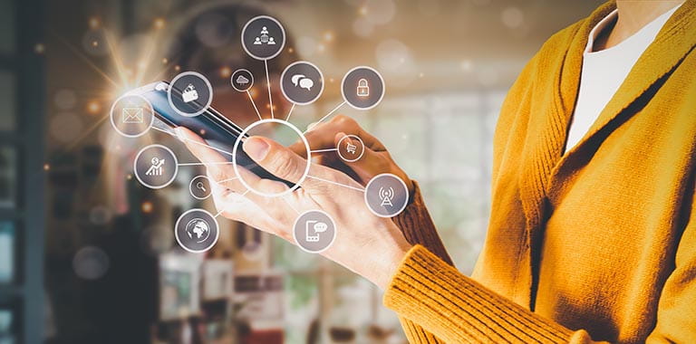 Person holding phone with icons of wallet, email, text and lock shown.