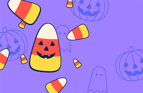 cartoon candy corn cascade down a purple background
