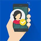 Hand holding mobile phone with icon of person