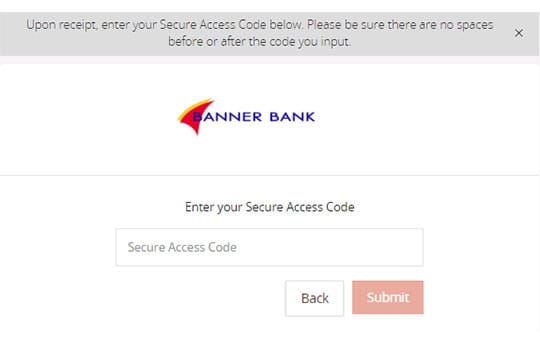 Secure Access Code screen to sign in to Banner Online Banking