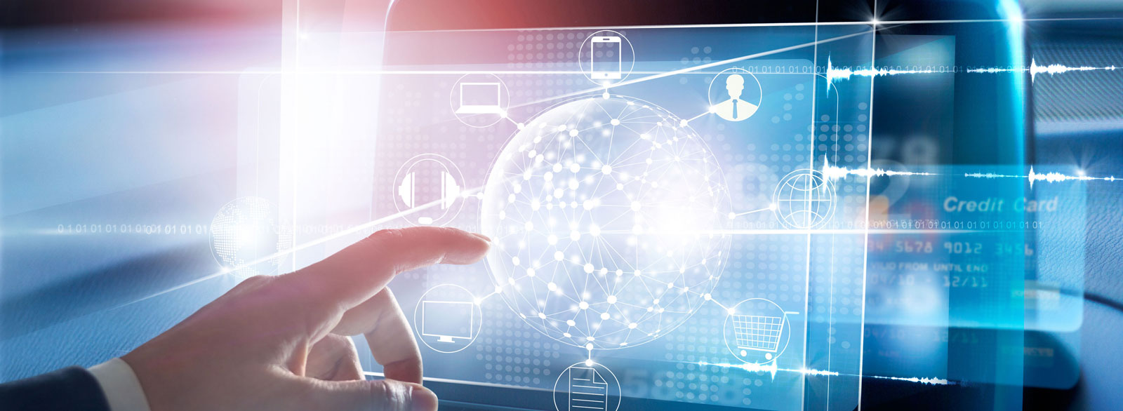 Finger points to computer screen with security symbols