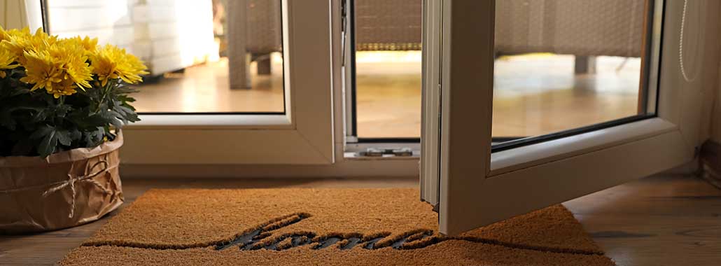 Open door with a home welcome mat