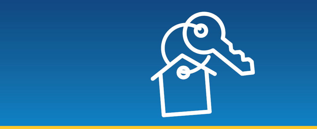 Key icon with house keychain on a blue background