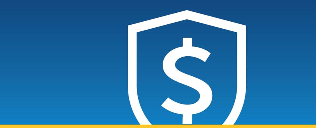 dollar and shield icon on blue background