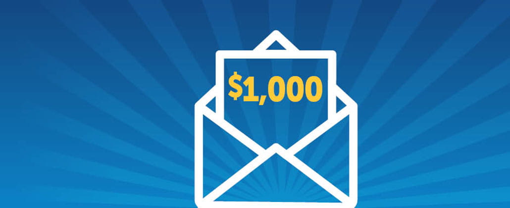Envelope icon with $1,000 note on a blue background