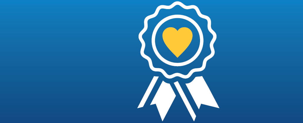 White ribbon icon with yellow heart on a blue background