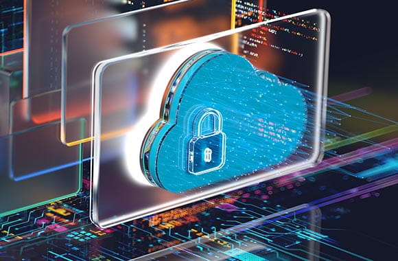 Lock and cloud icon over computer graphic
