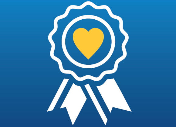 White ribbon icon with yellow heart on a blue background