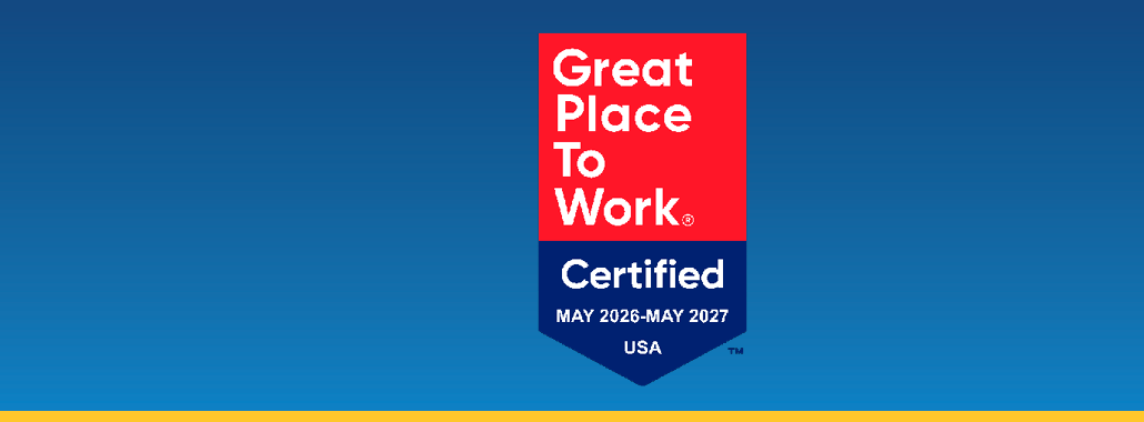 Great place to work certified May 2026-May 2027 logo on blue background