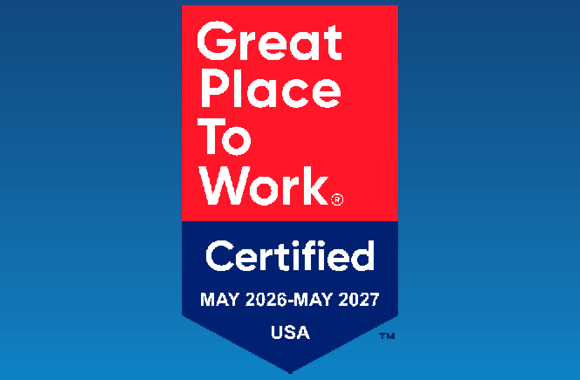 Great place to work certified May 2026-May 2027 logo on blue background