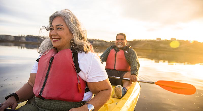 Couple smiling while kayaking