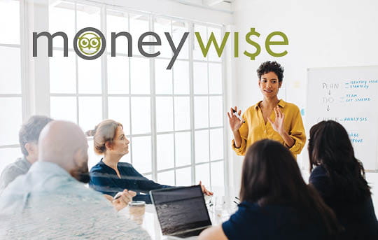 Photo of people talking in conference room and the moneywise logo