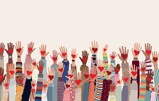 Hands raised with hearts illustration