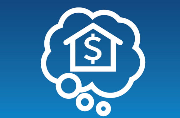 House with dollar sign icon inside a thought bubble icon