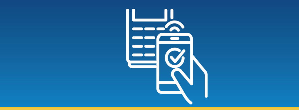 Hand scanning a phone to pay on a card reader icon