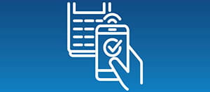 Icon of a card reader and a phone with a check mark icon on a blue background