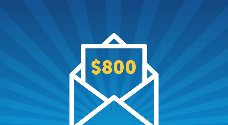 Envelope icon with $800 paper on blue starburst background