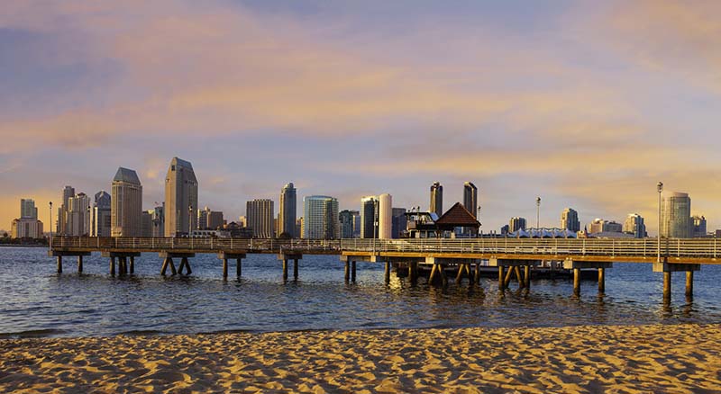 Image of san diego skyline at sunset from the beach